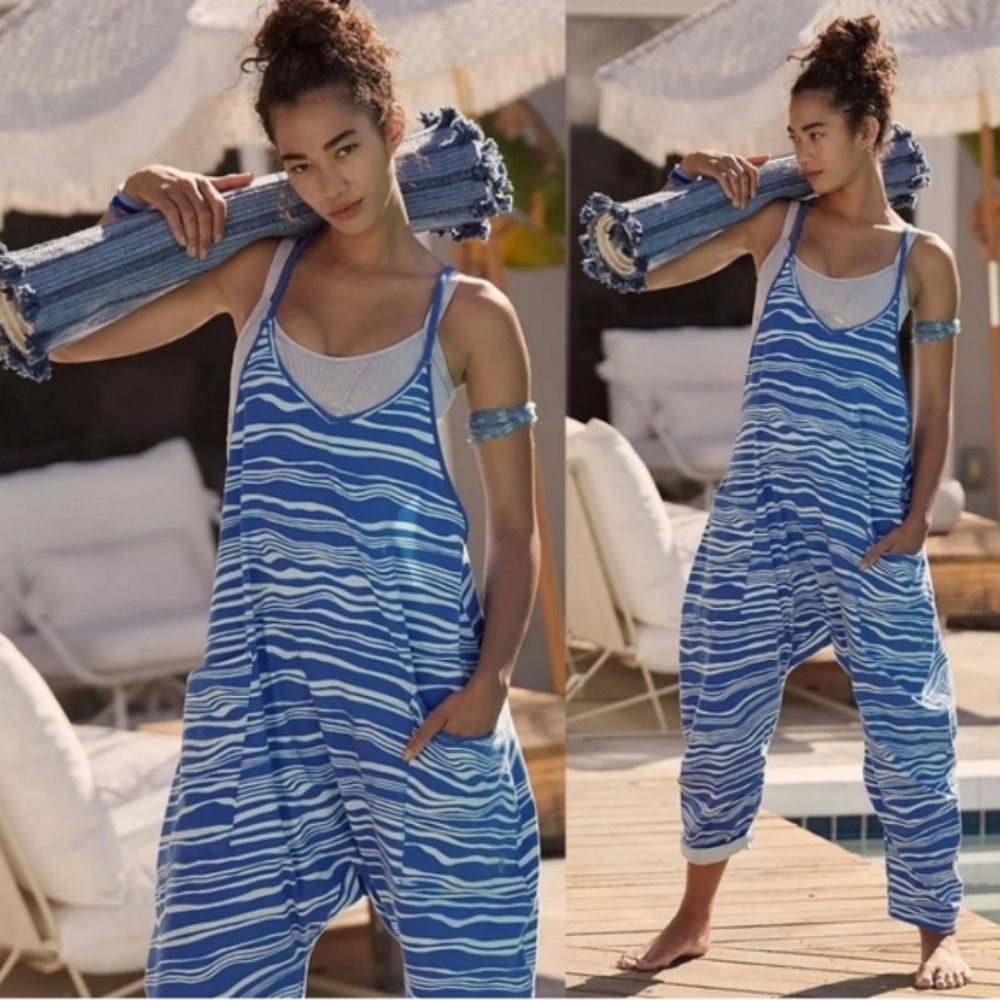 New Free People FP Movement Hot Shot Onesie River Blue Combo S Jumpsuit Printed